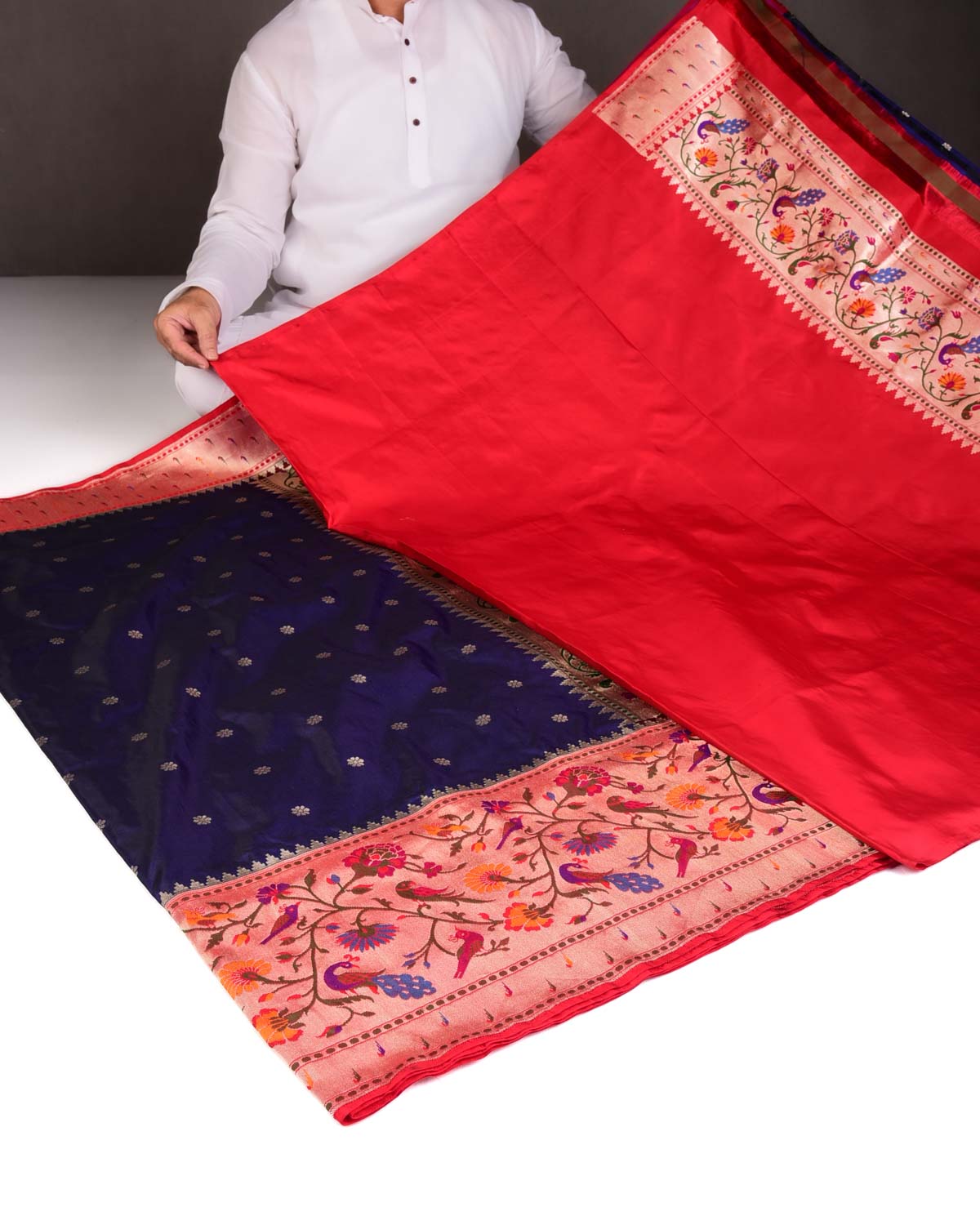 Navy Blue Mayur Paithani Cutwork Brocade Handwoven Katan Silk Banarasi Saree-HolyWeaves