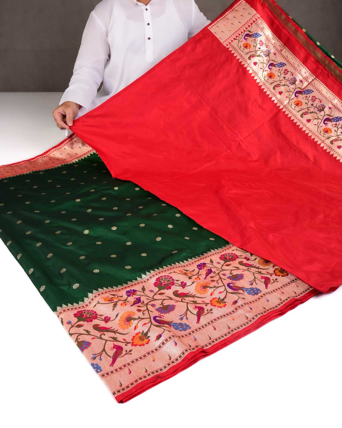 Sacramento Green Mayur Paithani Cutwork Brocade Handwoven Katan Silk Banarasi Saree