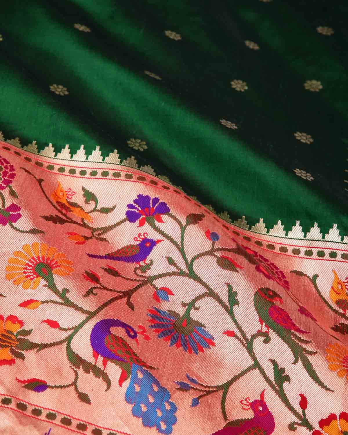 Sacramento Green Mayur Paithani Cutwork Brocade Handwoven Katan Silk Banarasi Saree