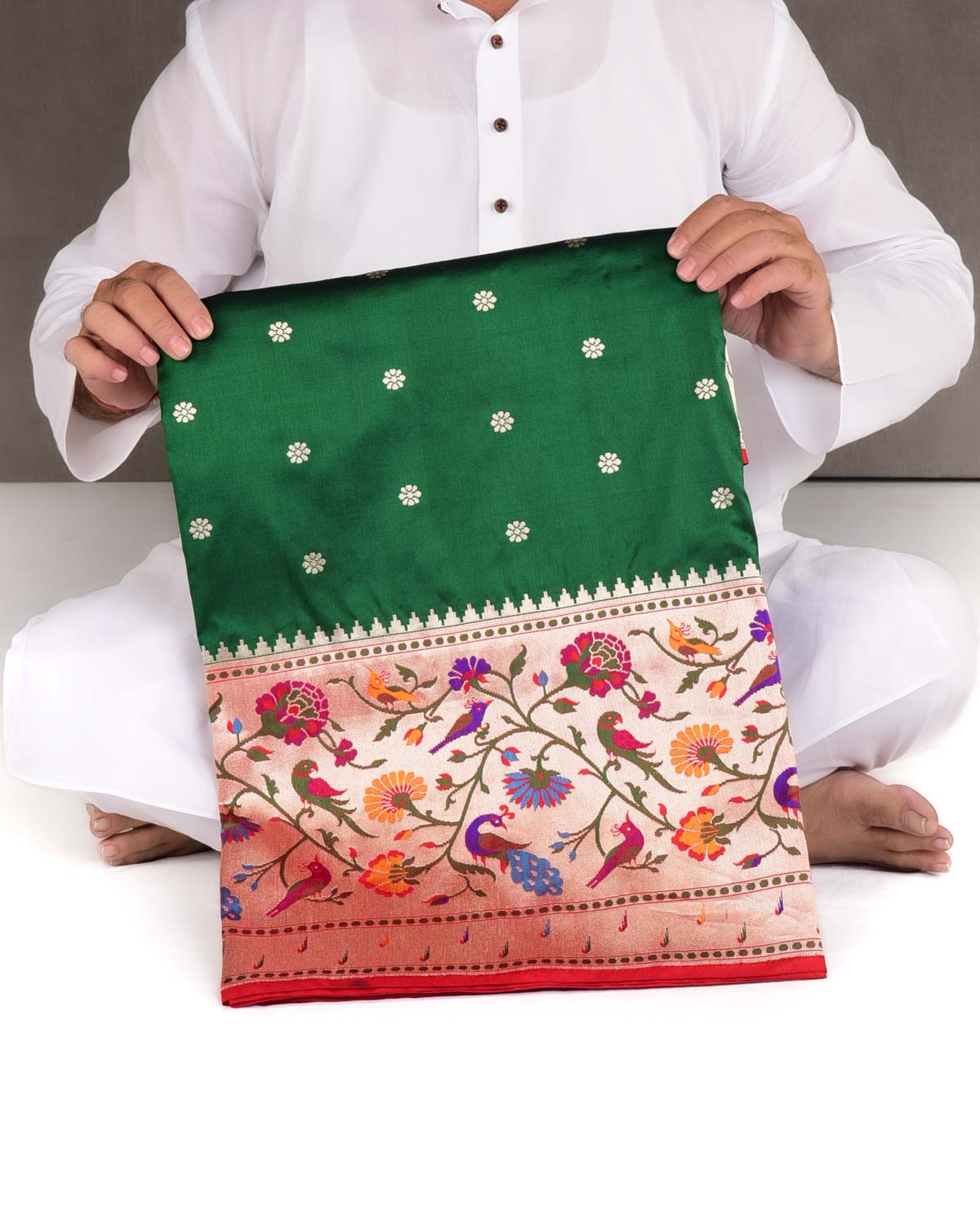 Sacramento Green Mayur Paithani Cutwork Brocade Handwoven Katan Silk Banarasi Saree