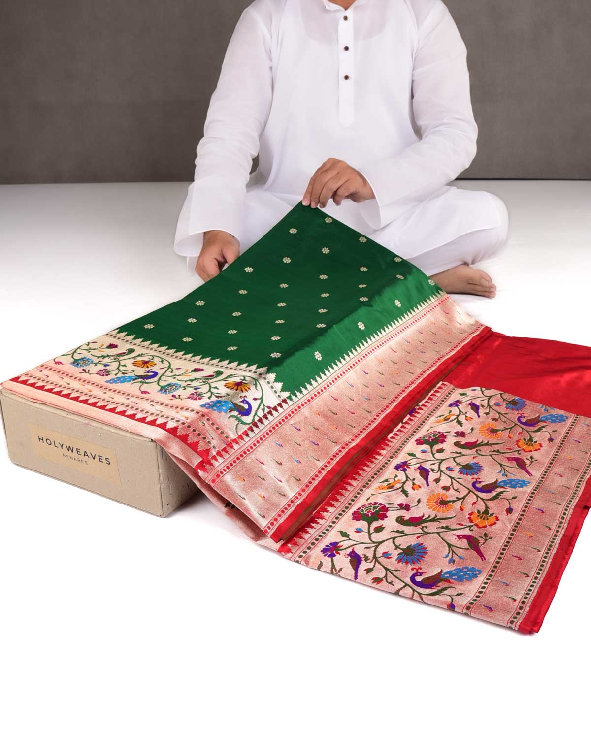 Sacramento Green Mayur Paithani Cutwork Brocade Handwoven Katan Silk Banarasi Saree-HolyWeaves