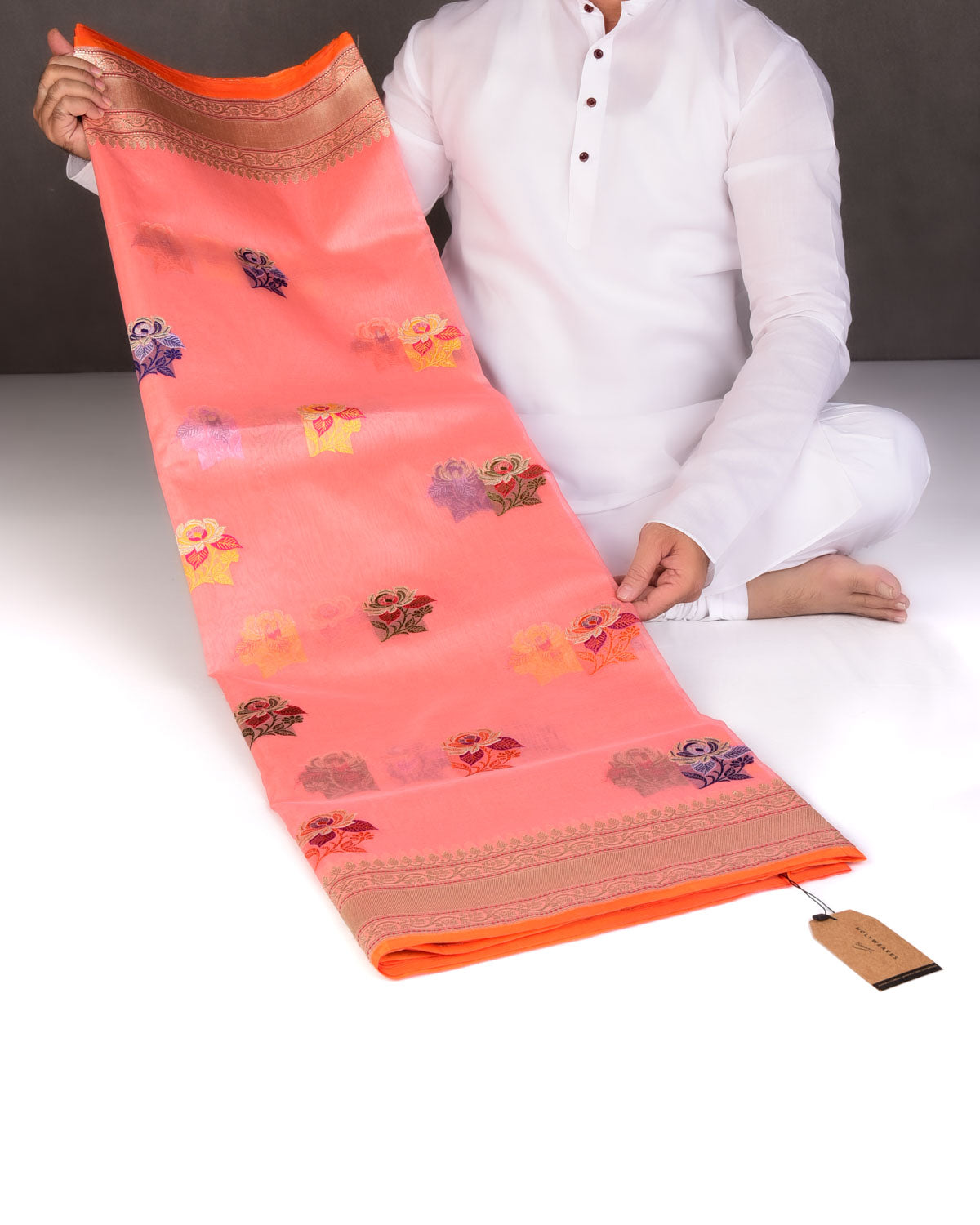 Peach Zari & Resham Gulab Buta Kadhuan Brocade Handwoven Kora Silk Banarasi Saree-HolyWeaves
