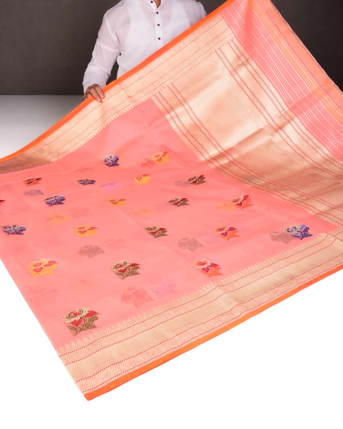 Peach Zari & Resham Gulab Buta Kadhuan Brocade Handwoven Kora Silk Banarasi Saree-HolyWeaves
