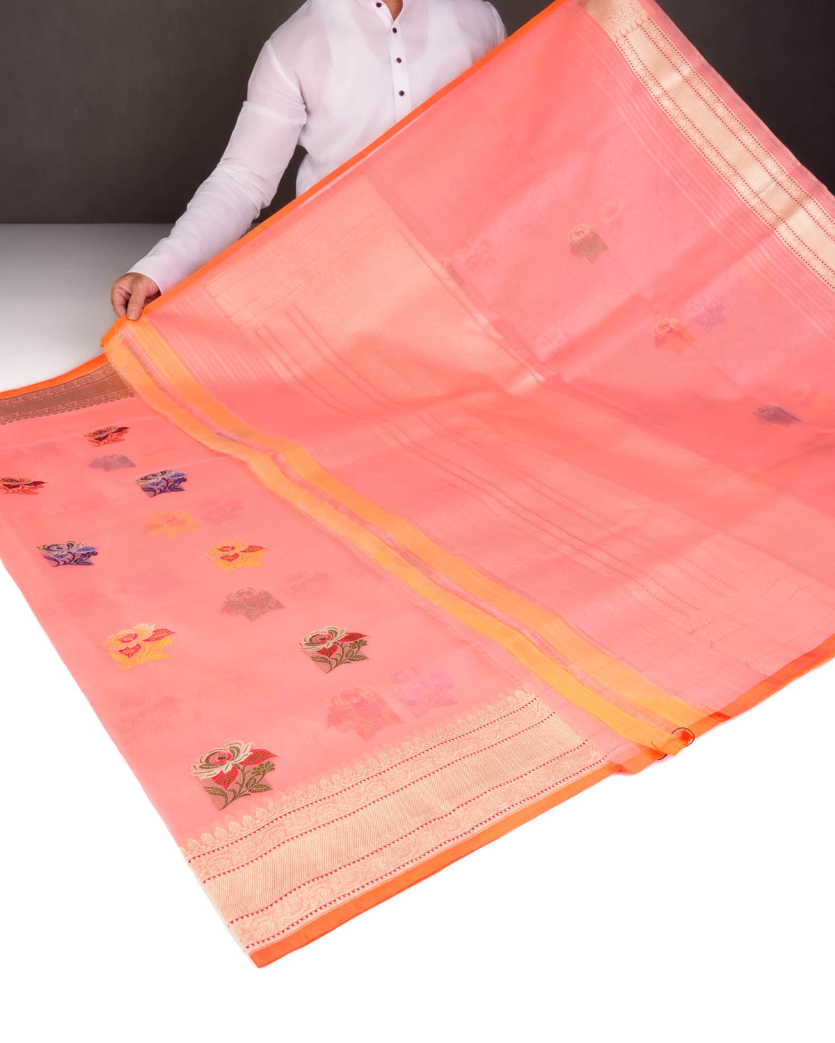 Peach Zari & Resham Gulab Buta Kadhuan Brocade Handwoven Kora Silk Banarasi Saree-HolyWeaves