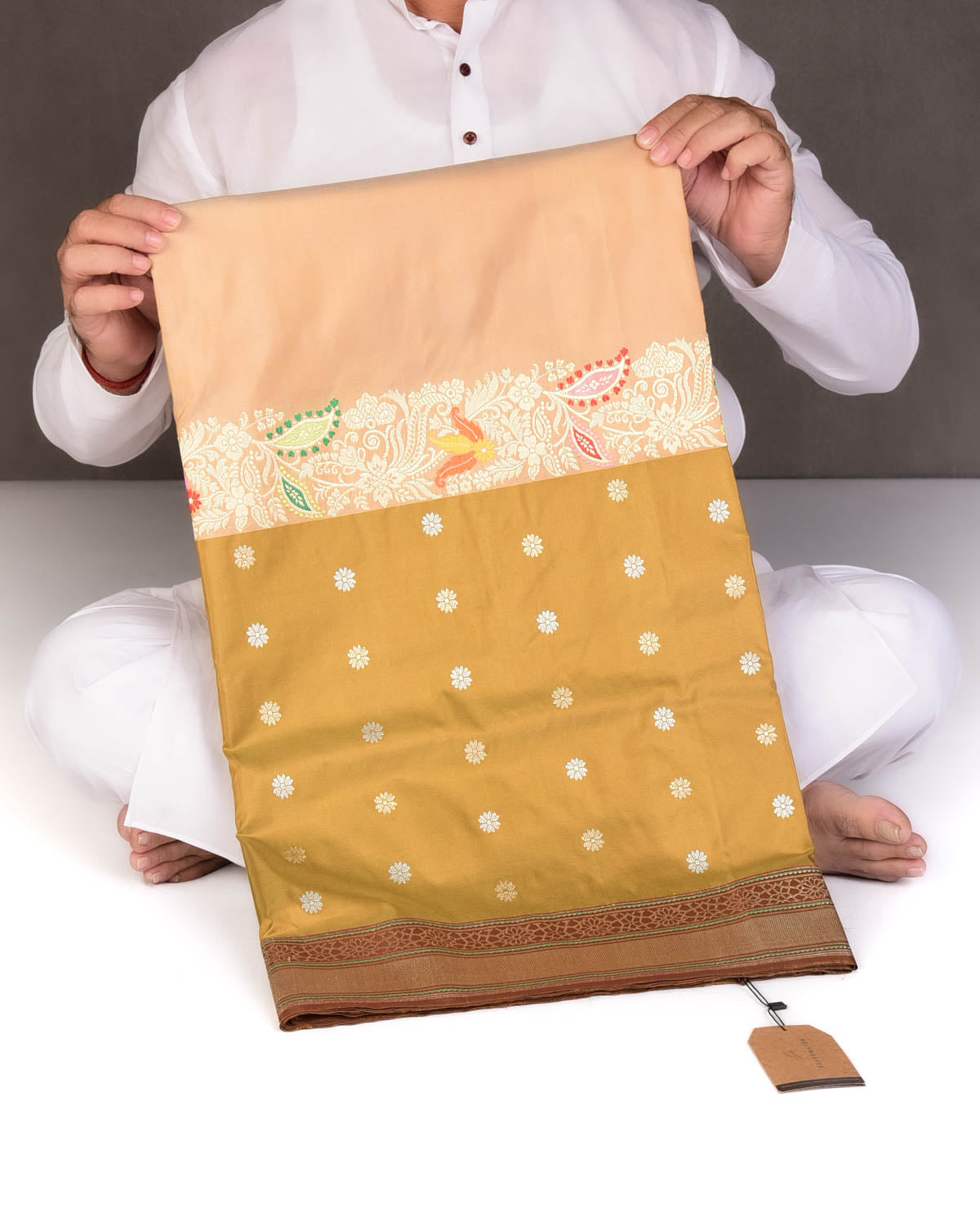 2-Tone Beige Gold & Silver Zari with Meenekari Kadhuan Brocade Handwoven Katan Silk Banarasi Saree-HolyWeaves