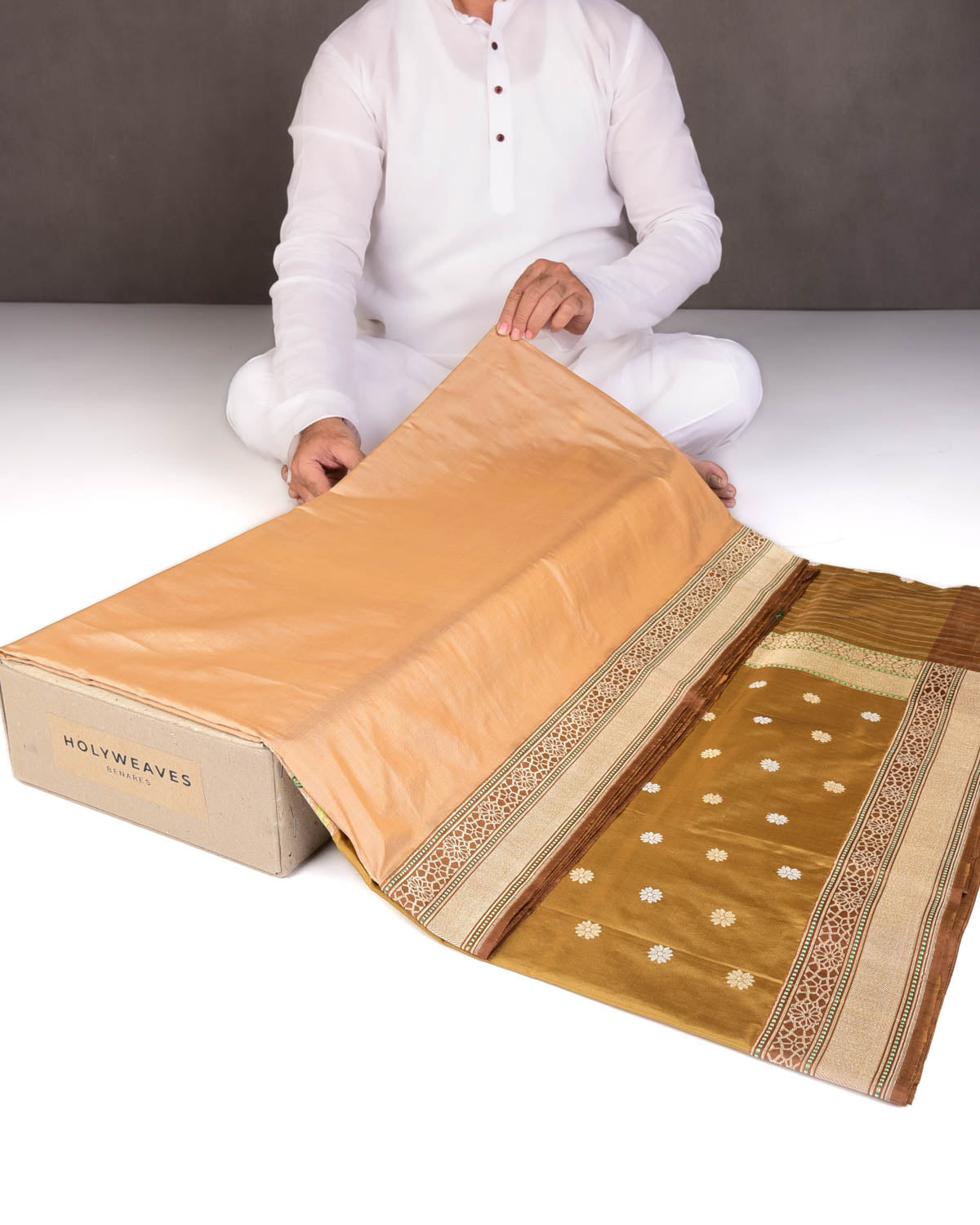 2-Tone Beige Gold & Silver Zari with Meenekari Kadhuan Brocade Handwoven Katan Silk Banarasi Saree-HolyWeaves