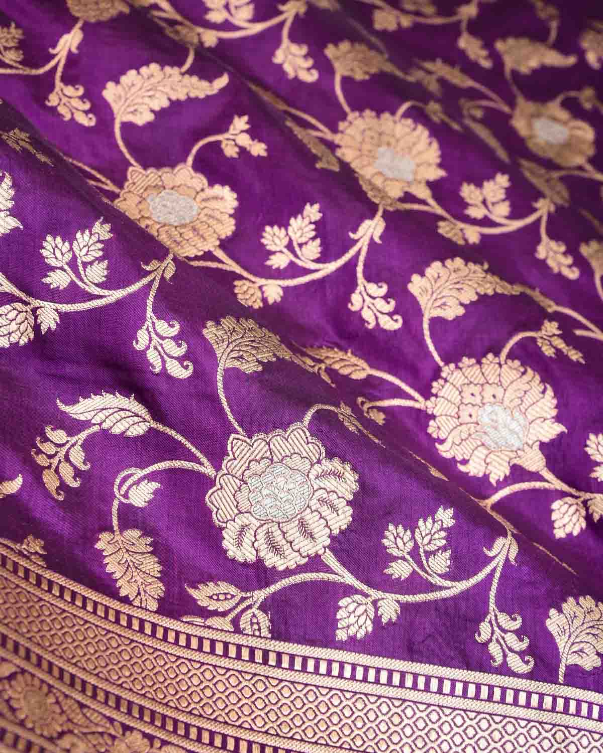 Purple Gold & Silver Zari Floral Jaal Cutwork Brocade Handwoven Katan Silk Banarasi Saree-HolyWeaves