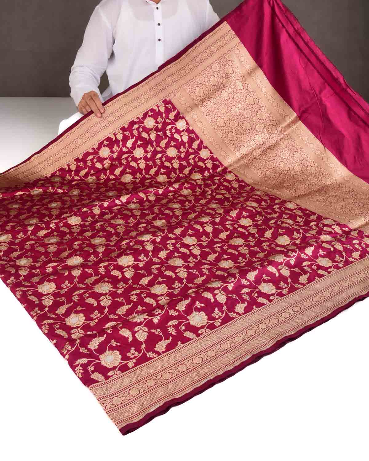 Magenta Gold & Silver Zari Floral Jaal Cutwork Brocade Handwoven Katan Silk Banarasi Saree