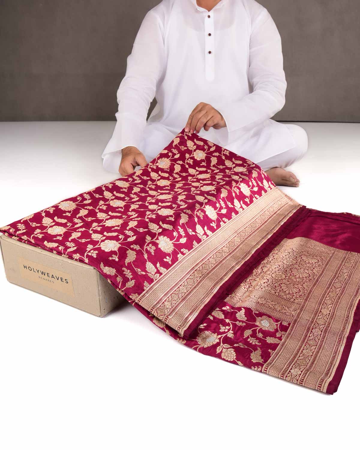 Magenta Gold & Silver Zari Floral Jaal Cutwork Brocade Handwoven Katan Silk Banarasi Saree-HolyWeaves