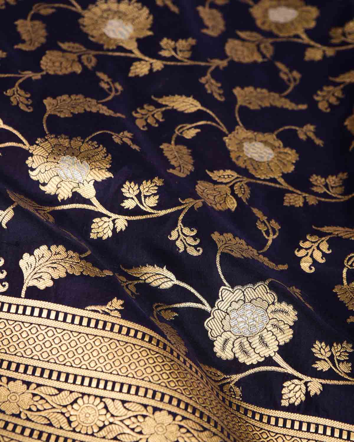 Navy Blue Gold & Silver Zari Floral Jaal Cutwork Brocade Handwoven Katan Silk Banarasi Saree