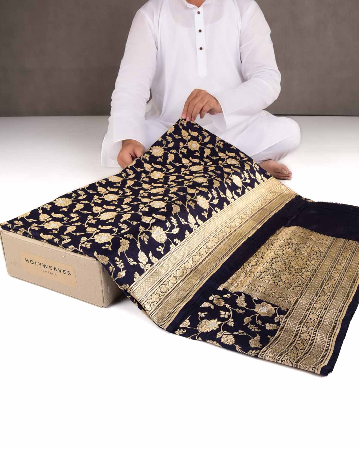 Navy Blue Gold & Silver Zari Floral Jaal Cutwork Brocade Handwoven Katan Silk Banarasi Saree-HolyWeaves