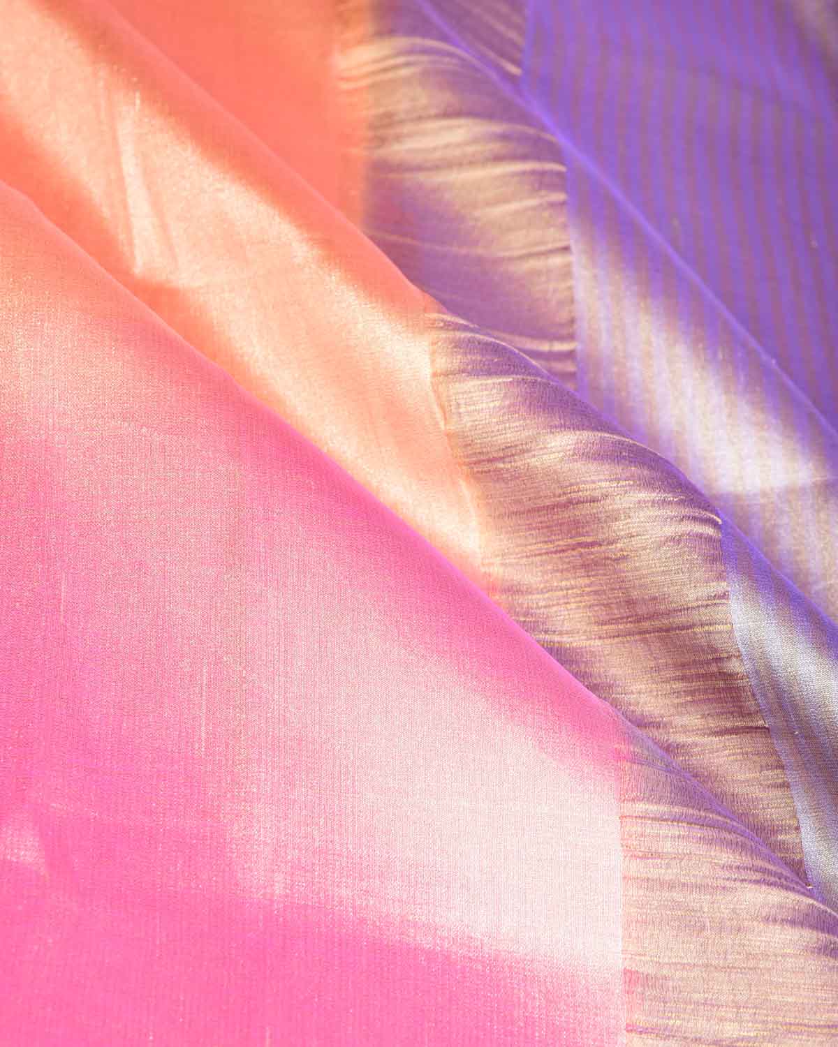 Ombre Metallic Pink-Orange Brocade Woven Katan Tissue Banarasi Saree with Contrast Border Pallu-HolyWeaves