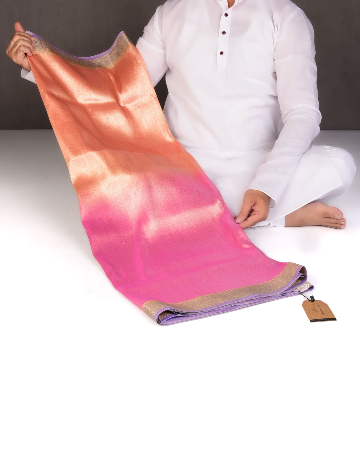 Ombre Metallic Pink-Orange Brocade Woven Katan Tissue Banarasi Saree with Contrast Border Pallu-HolyWeaves