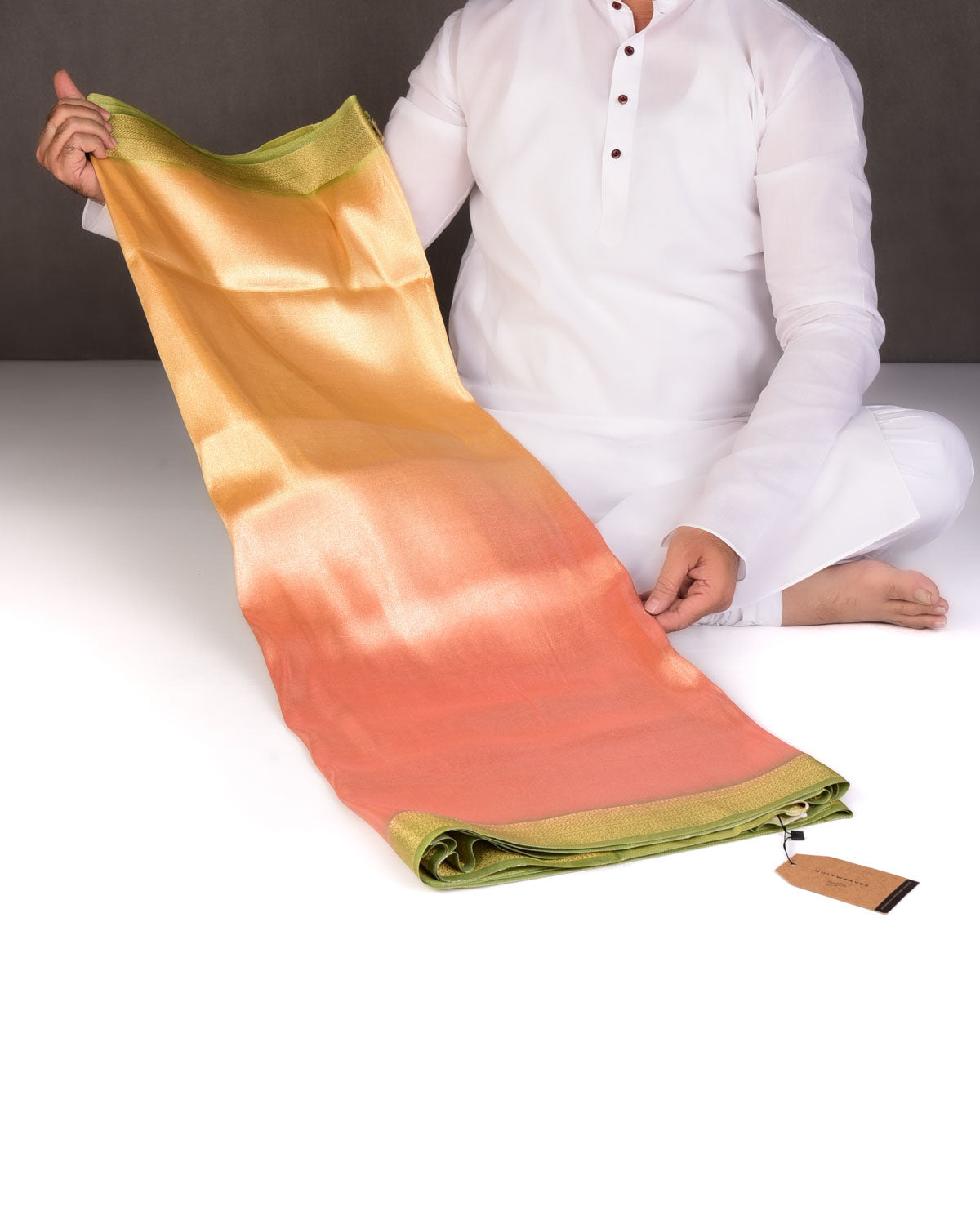 Ombre Metallic Yellow-Orange Brocade Woven Katan Tissue Banarasi Saree with Contrast Border Pallu-HolyWeaves