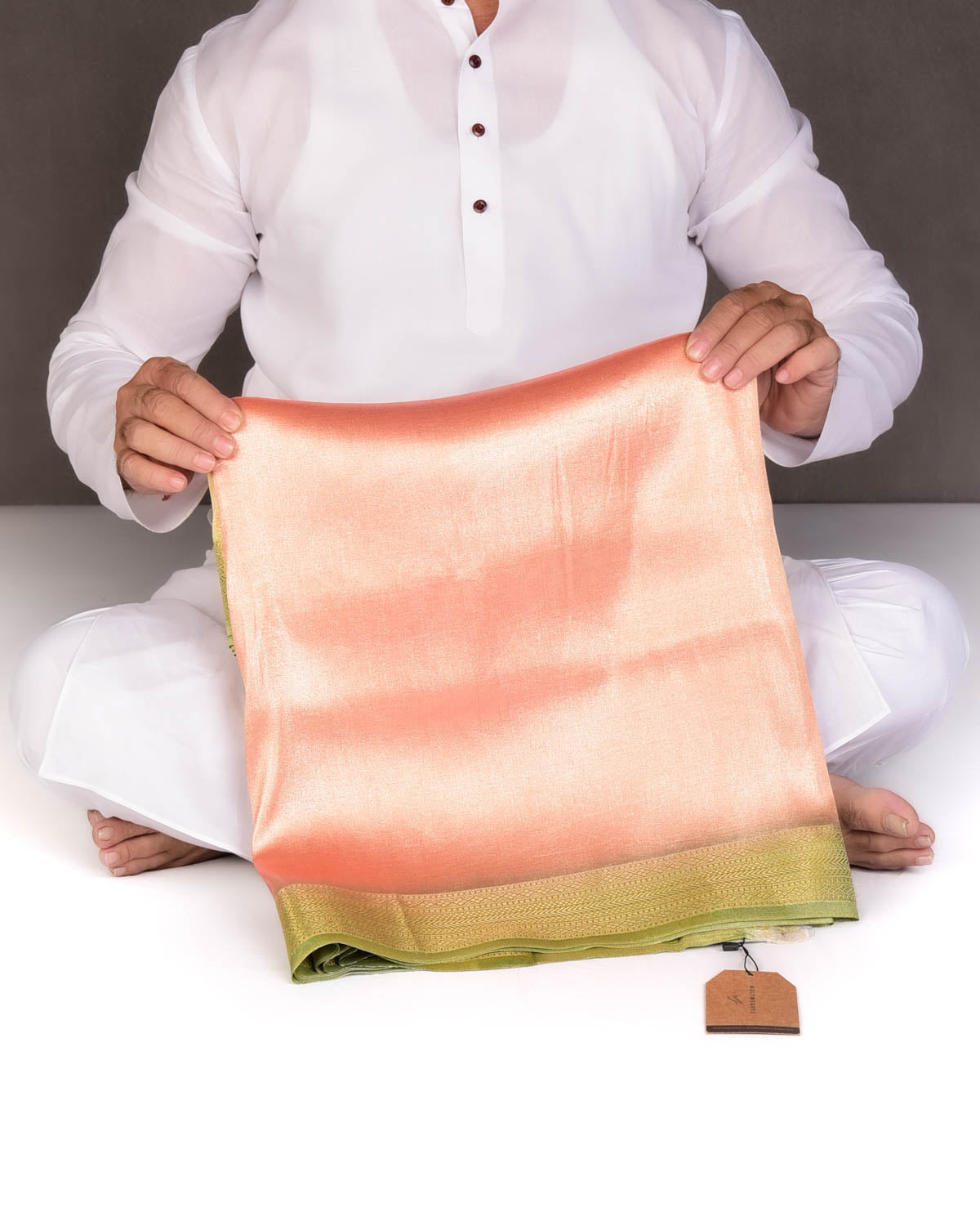 Ombre Metallic Yellow-Orange Brocade Woven Katan Tissue Banarasi Saree with Contrast Border Pallu-HolyWeaves