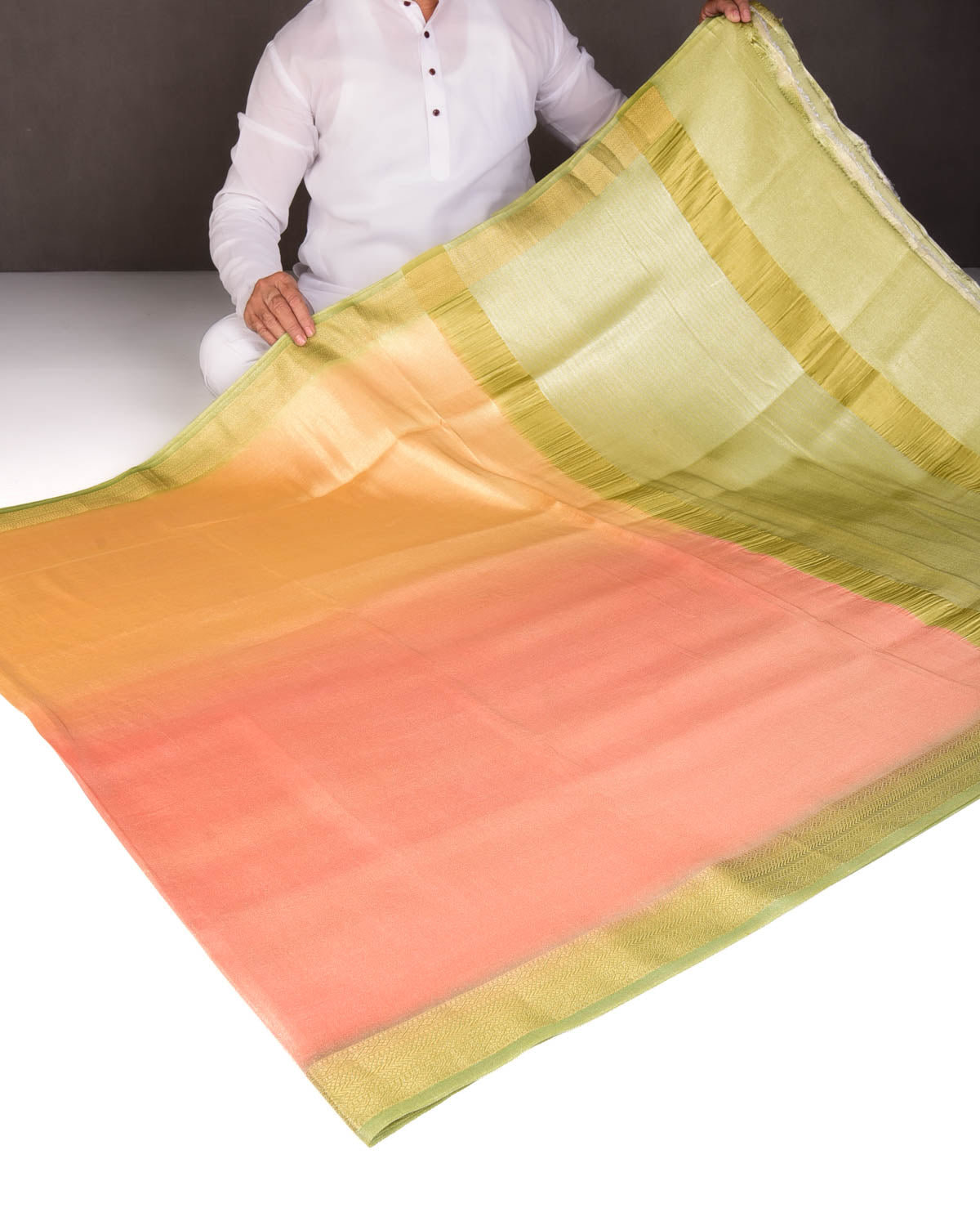 Ombre Metallic Yellow-Orange Brocade Woven Katan Tissue Banarasi Saree with Contrast Border Pallu-HolyWeaves