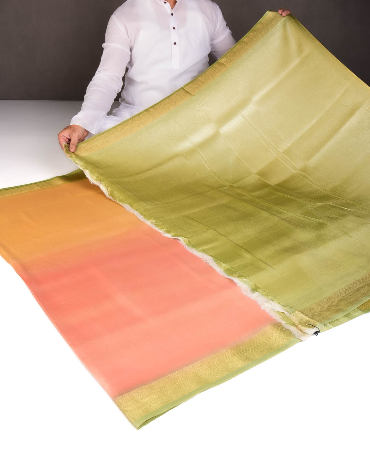 Ombre Metallic Yellow-Orange Brocade Woven Katan Tissue Banarasi Saree with Contrast Border Pallu-HolyWeaves