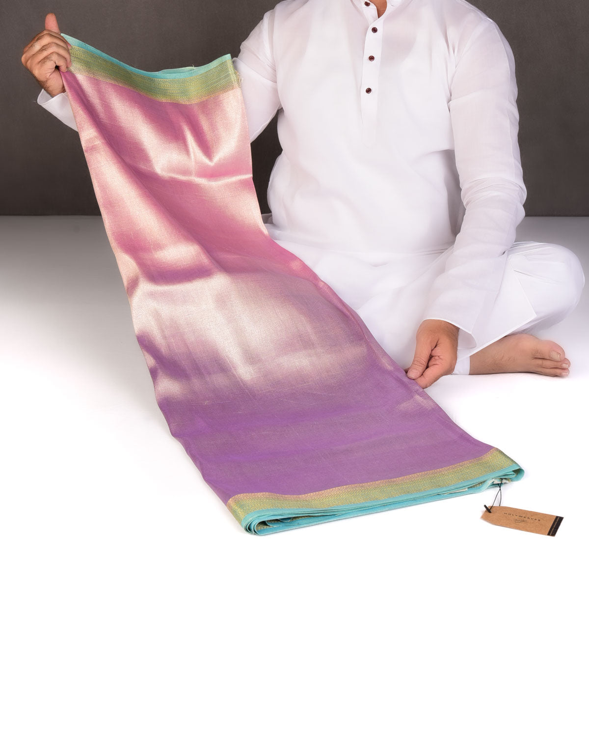 Ombre Metallic Pink-Mauve Brocade Woven Katan Tissue Banarasi Saree with Contrast Border Pallu-HolyWeaves