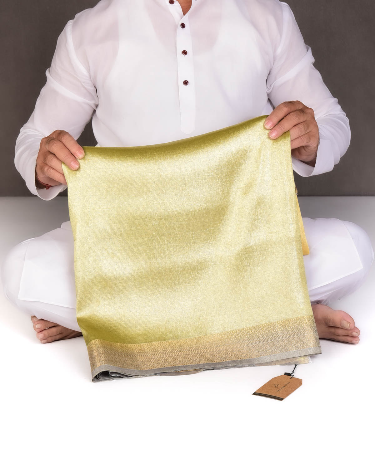 Ombre Metallic Yellow-Green Brocade Woven Katan Tissue Banarasi Saree with Contrast Border Pallu-HolyWeaves