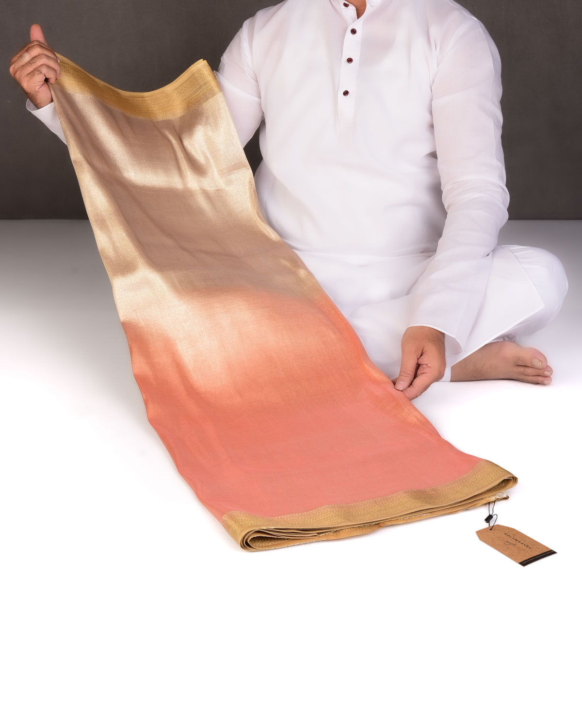 Ombre Metallic Peach-Beige Brocade Woven Katan Tissue Banarasi Saree with Contrast Border Pallu-HolyWeaves