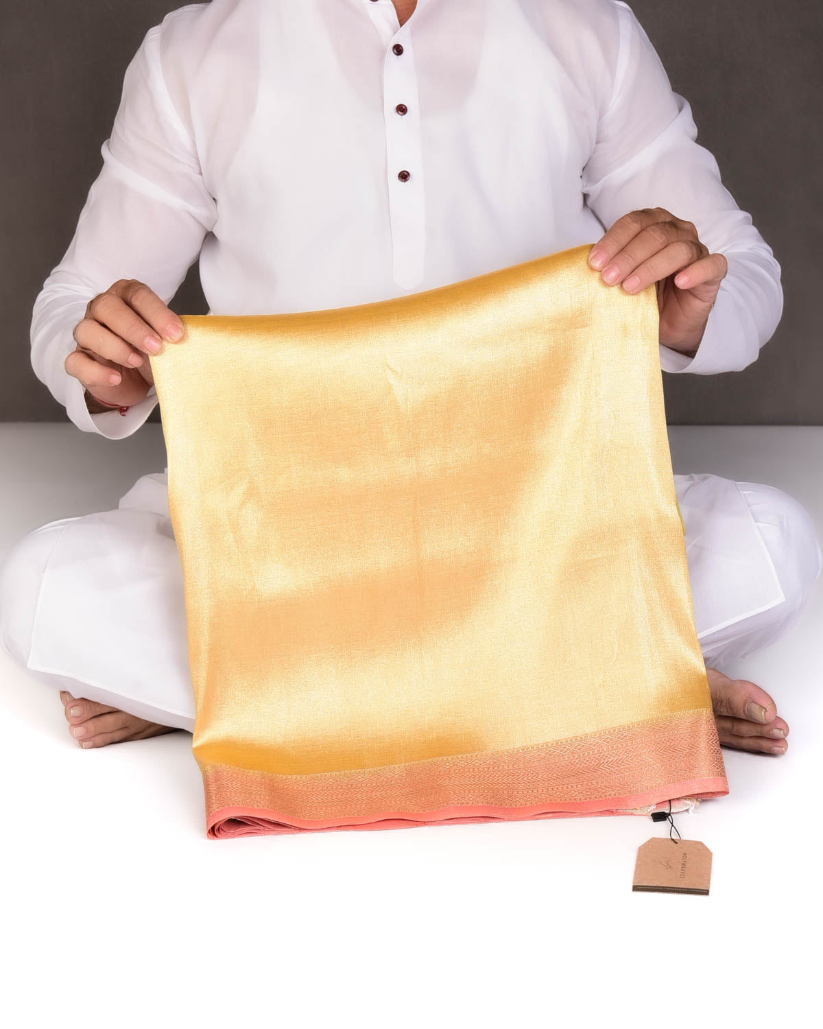 Ombre Metallic Yellow Brocade Woven Katan Tissue Banarasi Saree with Contrast Border Pallu-HolyWeaves