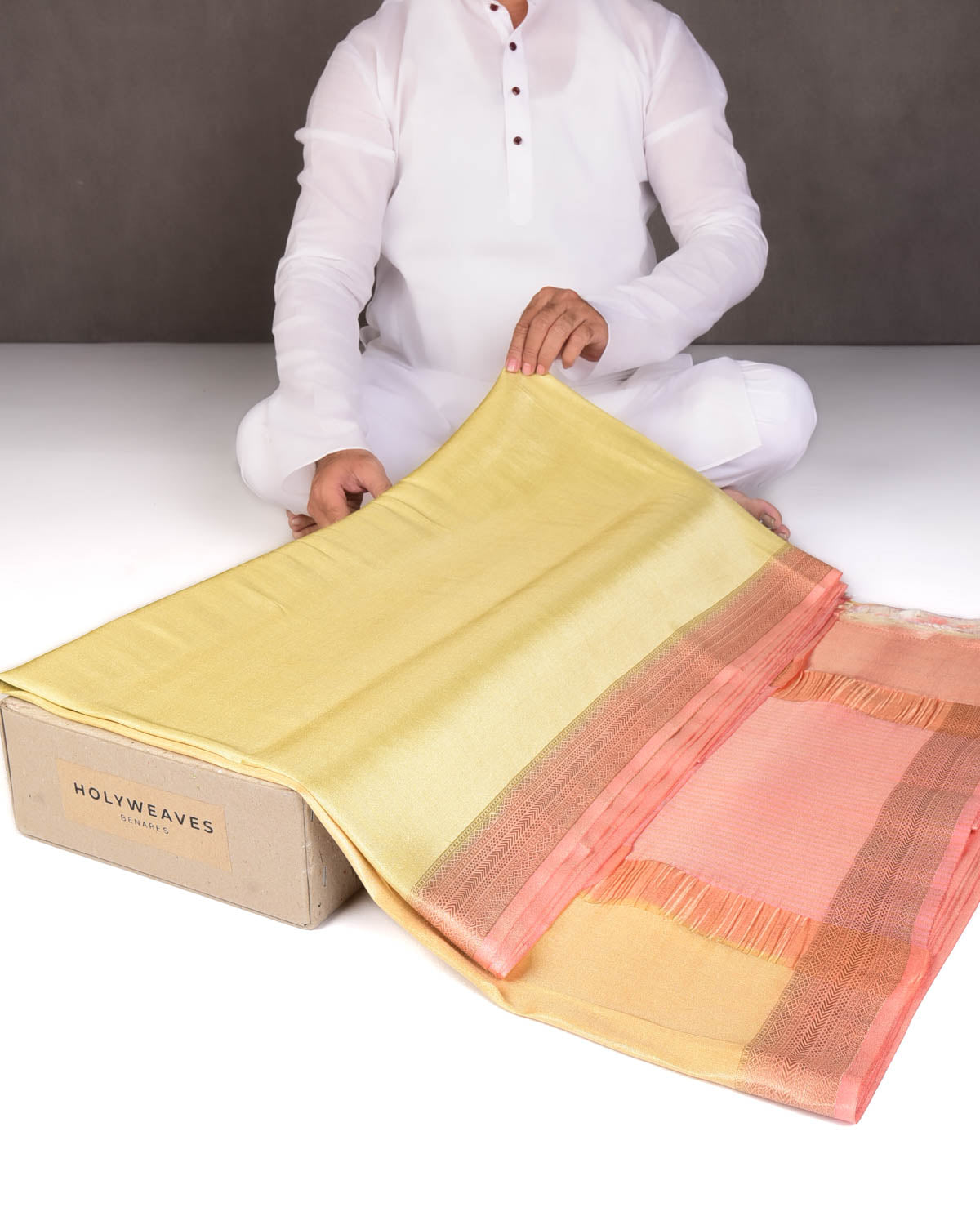Ombre Metallic Yellow Brocade Woven Katan Tissue Banarasi Saree with Contrast Border Pallu-HolyWeaves