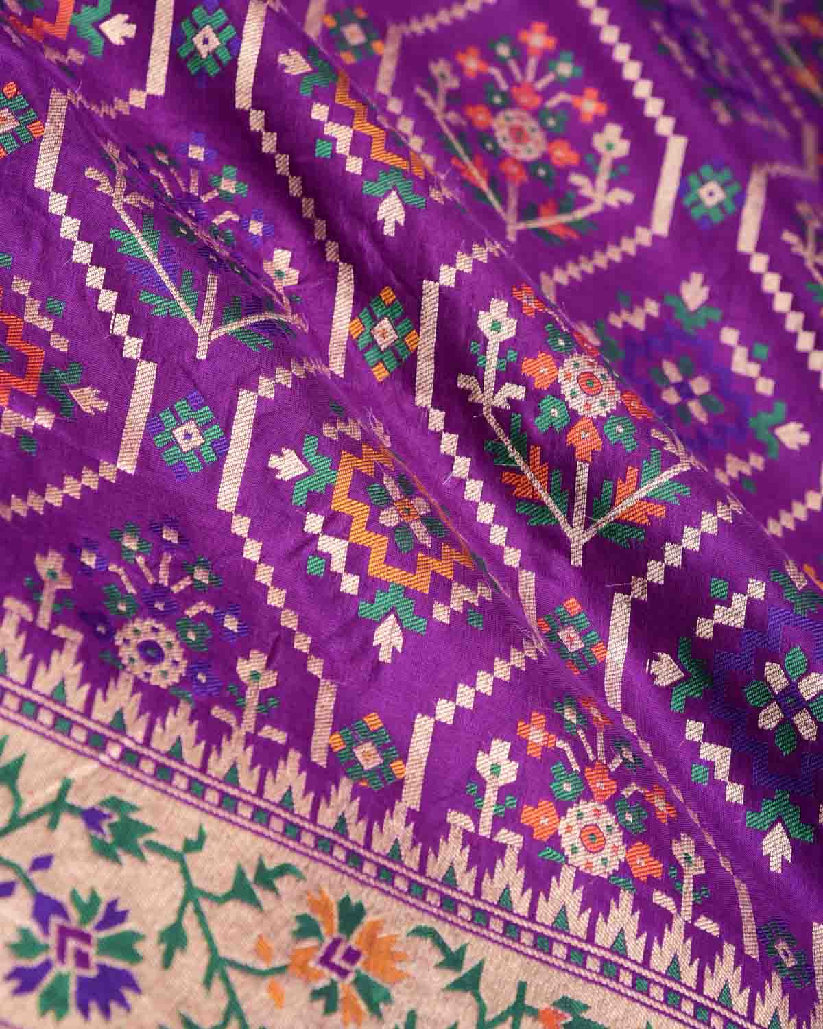 Purple Tehra Patola Cutwork Brocade Handwoven Katan Silk Banarasi Saree-HolyWeaves