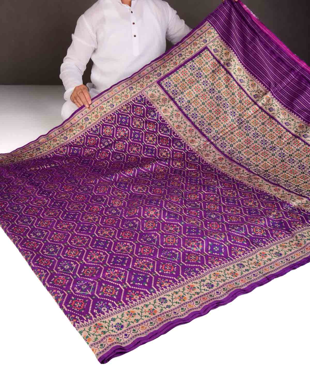 Purple Tehra Patola Cutwork Brocade Handwoven Katan Silk Banarasi Saree-HolyWeaves