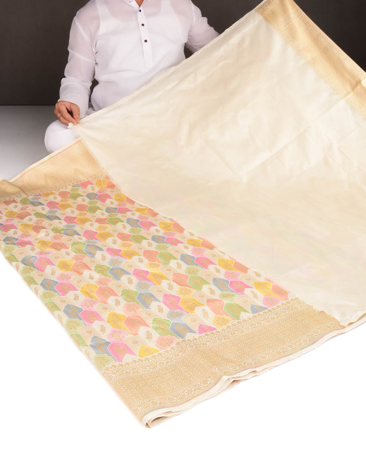 Cream Gold Zari and Multi-color Resham Mehrab Jaal Cutwork Brocade Handwoven Katan Silk Banarasi Saree-HolyWeaves