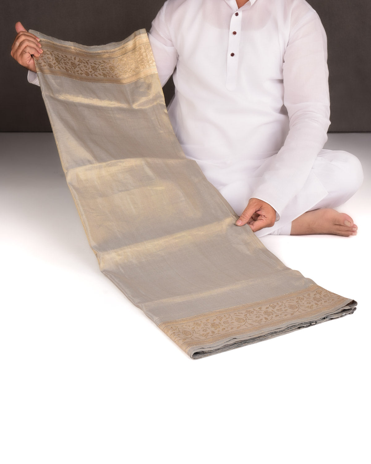 Metallic Gray Kadhuan Brocade Handwoven Katan Tissue Banarasi Saree-HolyWeaves