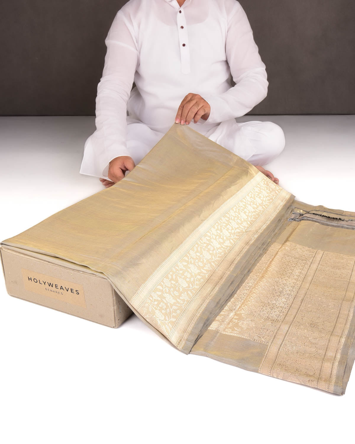 Metallic Gray Kadhuan Brocade Handwoven Katan Tissue Banarasi Saree-HolyWeaves