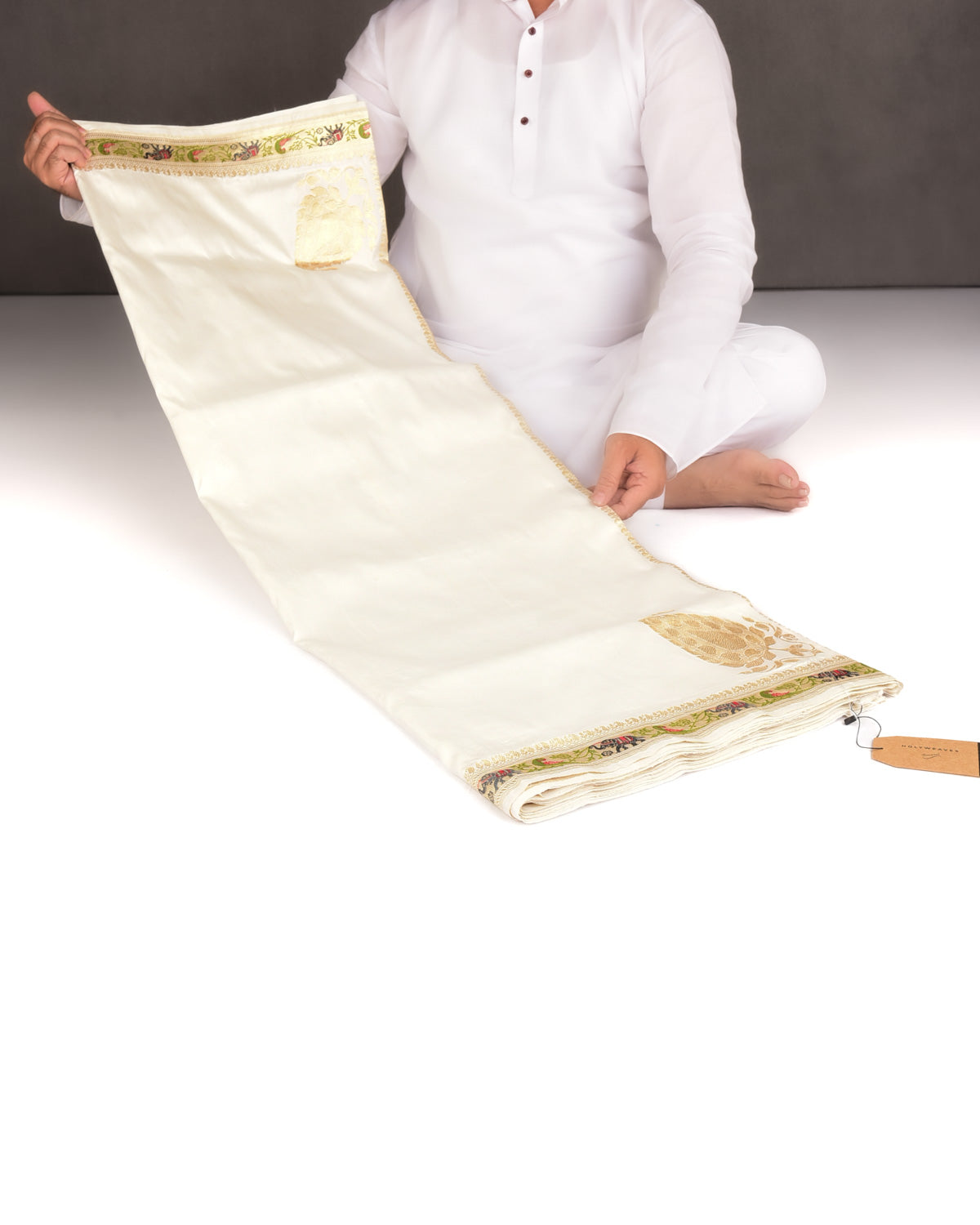 Ivory White Kadhuan Brocade Handwoven Katan Silk Banarasi Saree with Shikargah Boder Pallu-HolyWeaves