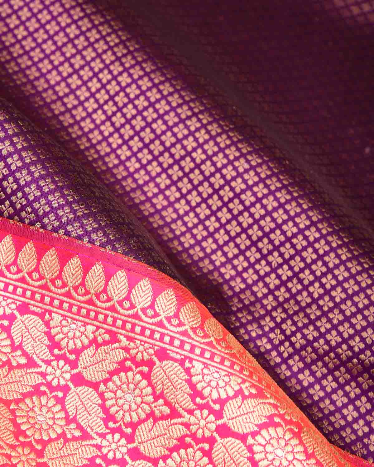 Purple Gold Zari Brocade Handwoven Katan Silk Banarasi Saree with Contrast Border Pallu-HolyWeaves
