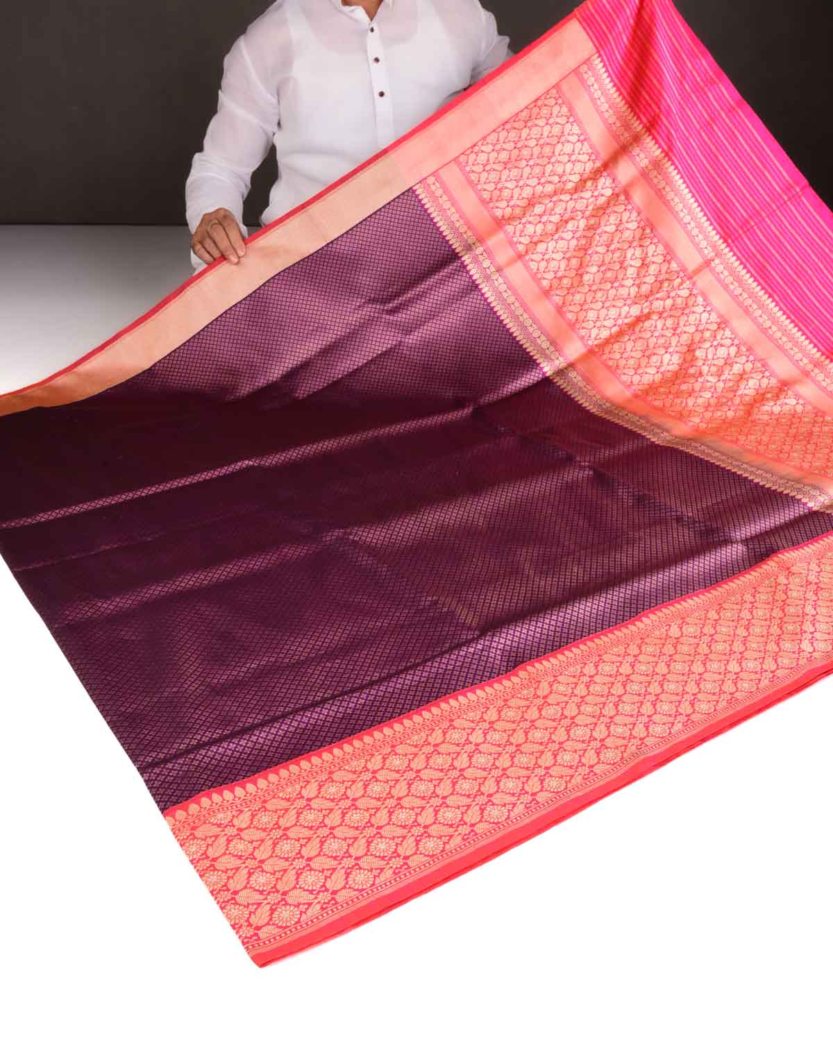 Purple Gold Zari Brocade Handwoven Katan Silk Banarasi Saree with Contrast Border Pallu-HolyWeaves