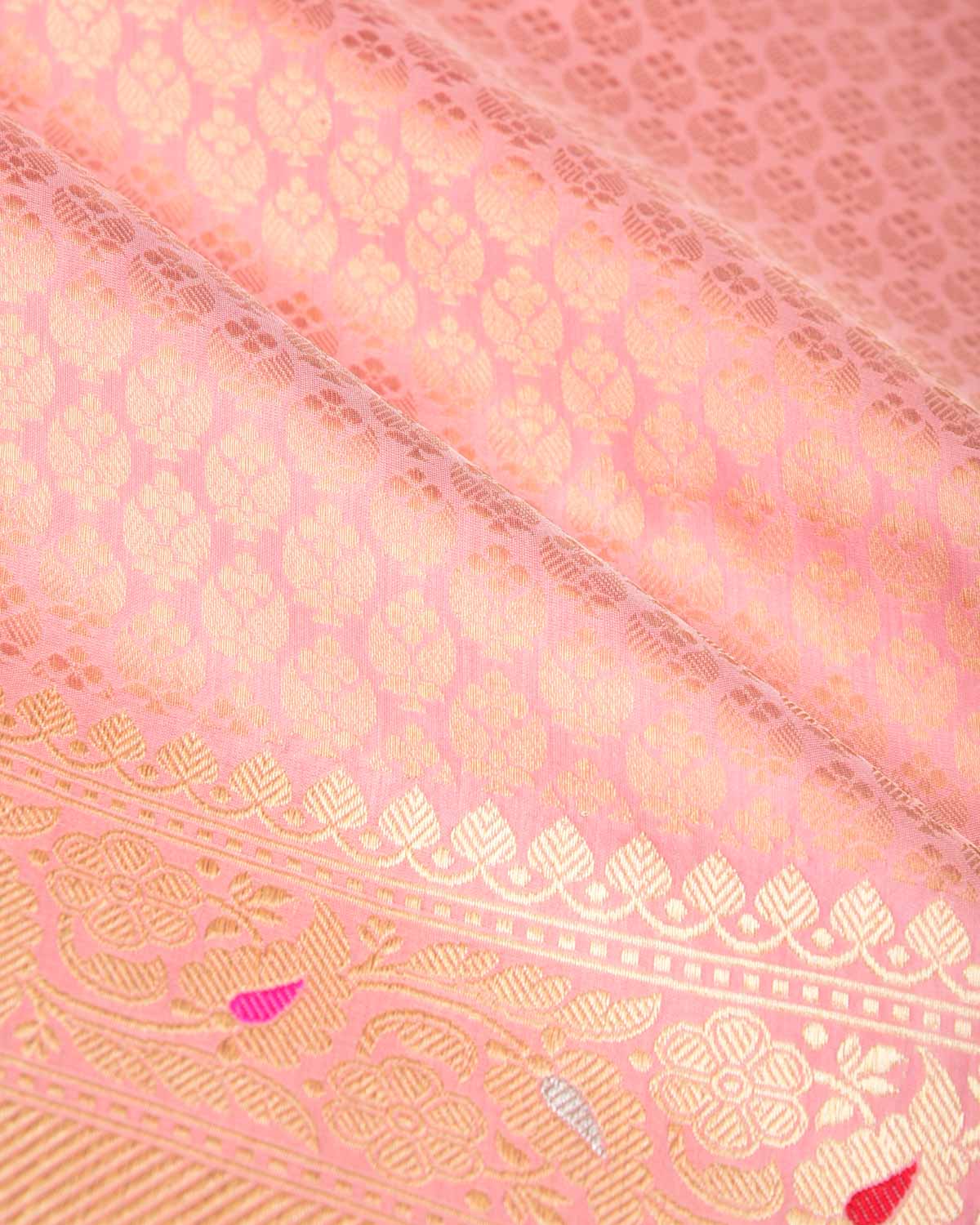 Peach Gold Zari Brocade Handwoven Katan Silk Banarasi Saree with Contrast Border Pallu-HolyWeaves
