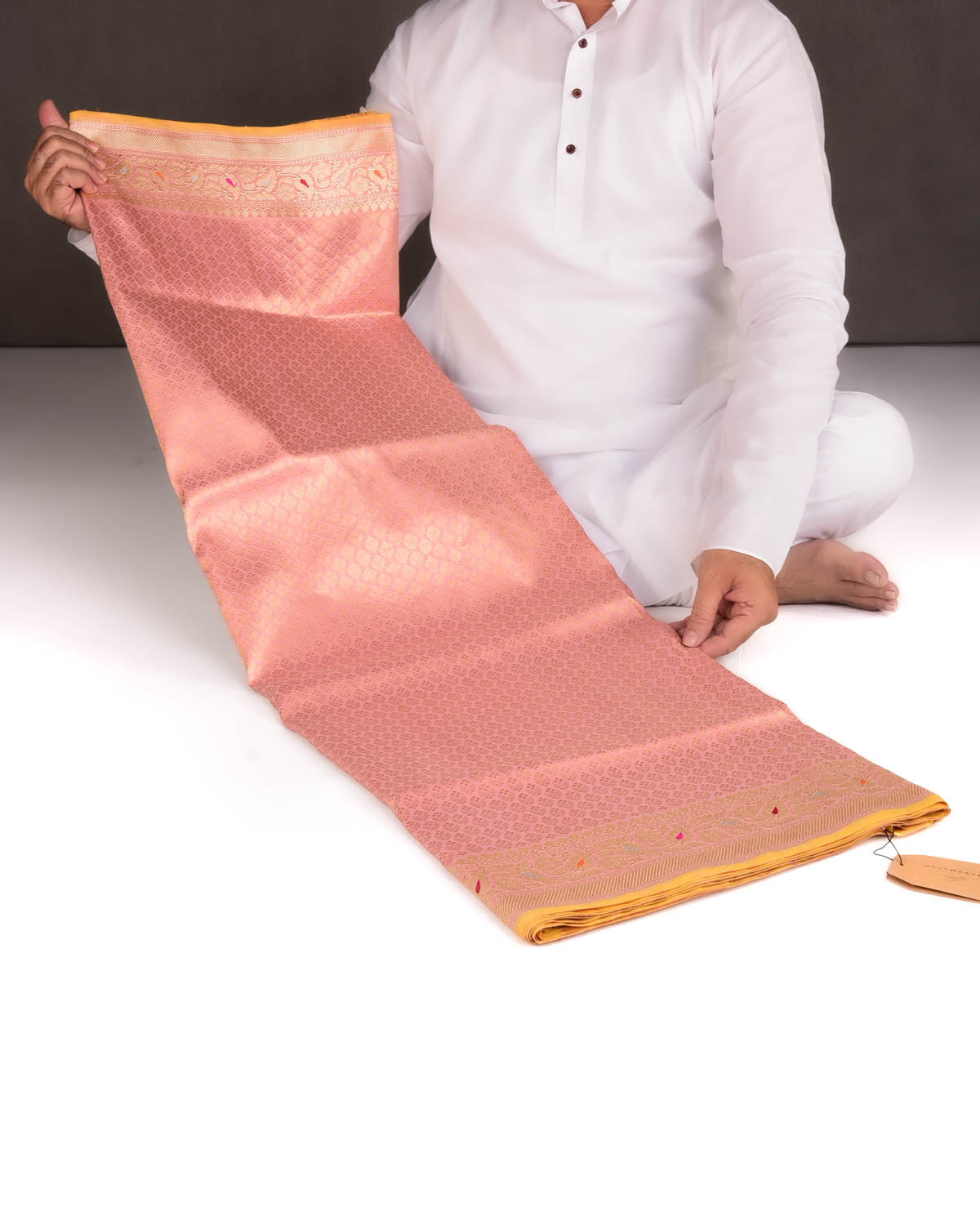 Peach Gold Zari Brocade Handwoven Katan Silk Banarasi Saree with Contrast Border Pallu-HolyWeaves