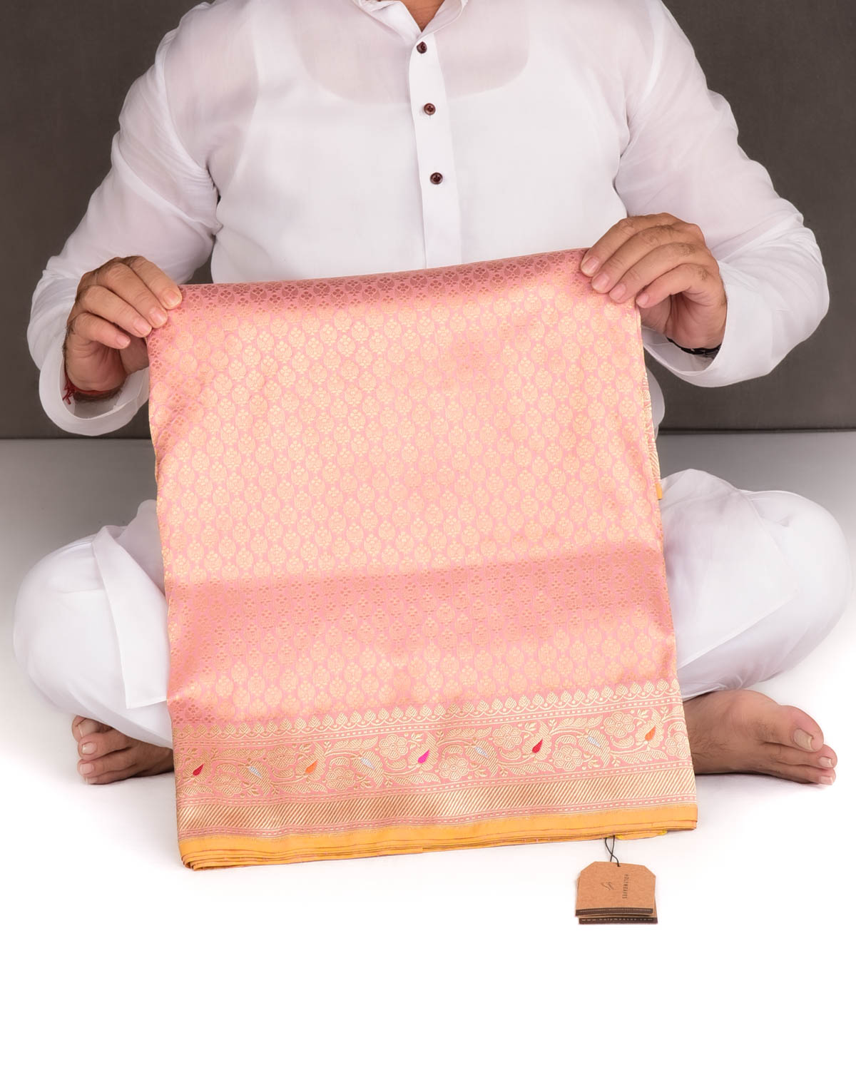 Peach Gold Zari Brocade Handwoven Katan Silk Banarasi Saree with Contrast Border Pallu-HolyWeaves