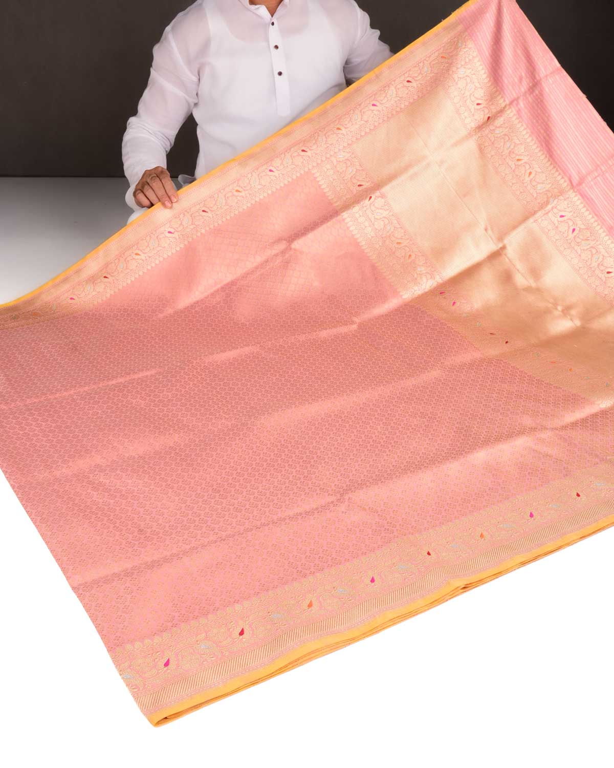 Peach Gold Zari Brocade Handwoven Katan Silk Banarasi Saree with Contrast Border Pallu-HolyWeaves