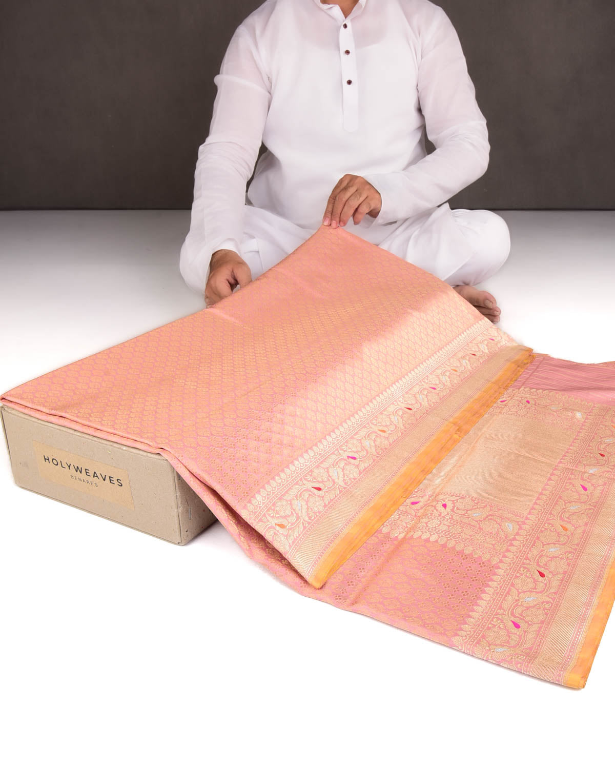 Peach Gold Zari Brocade Handwoven Katan Silk Banarasi Saree with Contrast Border Pallu-HolyWeaves