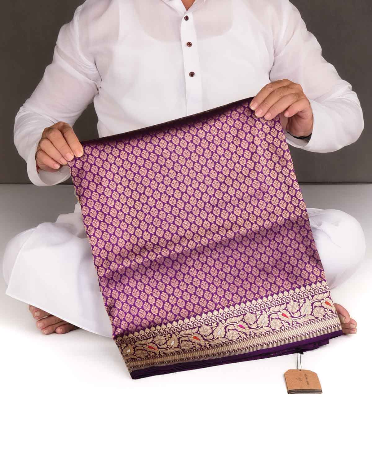 Purple Gold Zari Kadhuan Brocade Handwoven Katan Silk Banarasi Saree-HolyWeaves