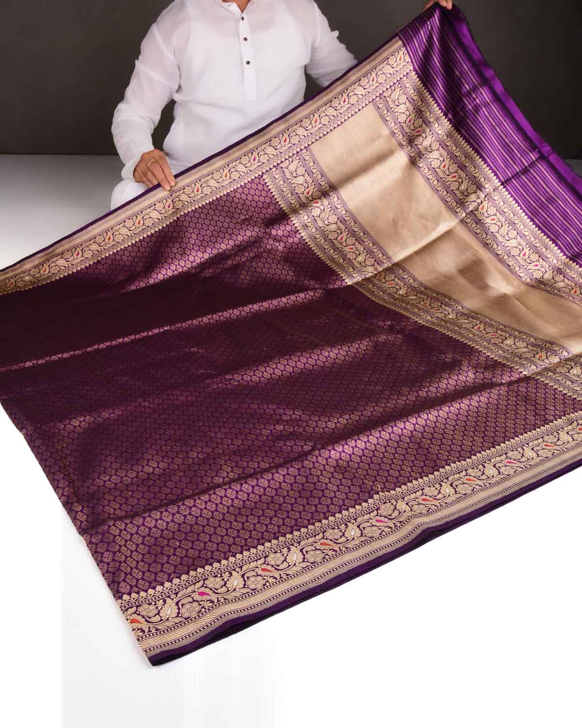Purple Gold Zari Kadhuan Brocade Handwoven Katan Silk Banarasi Saree-HolyWeaves