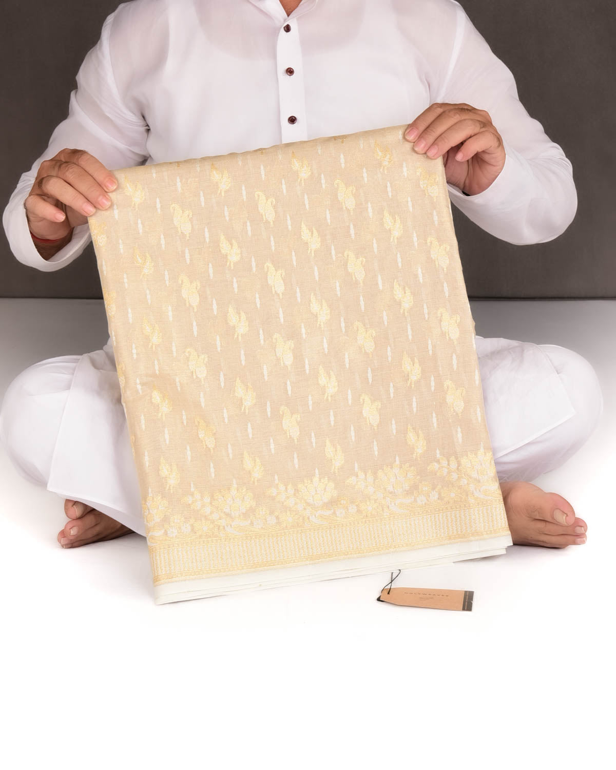 Metallic Cream Gold Zari And White Resham Cutwork Brocade Woven Cotton Silk Banarasi Saree-HolyWeaves