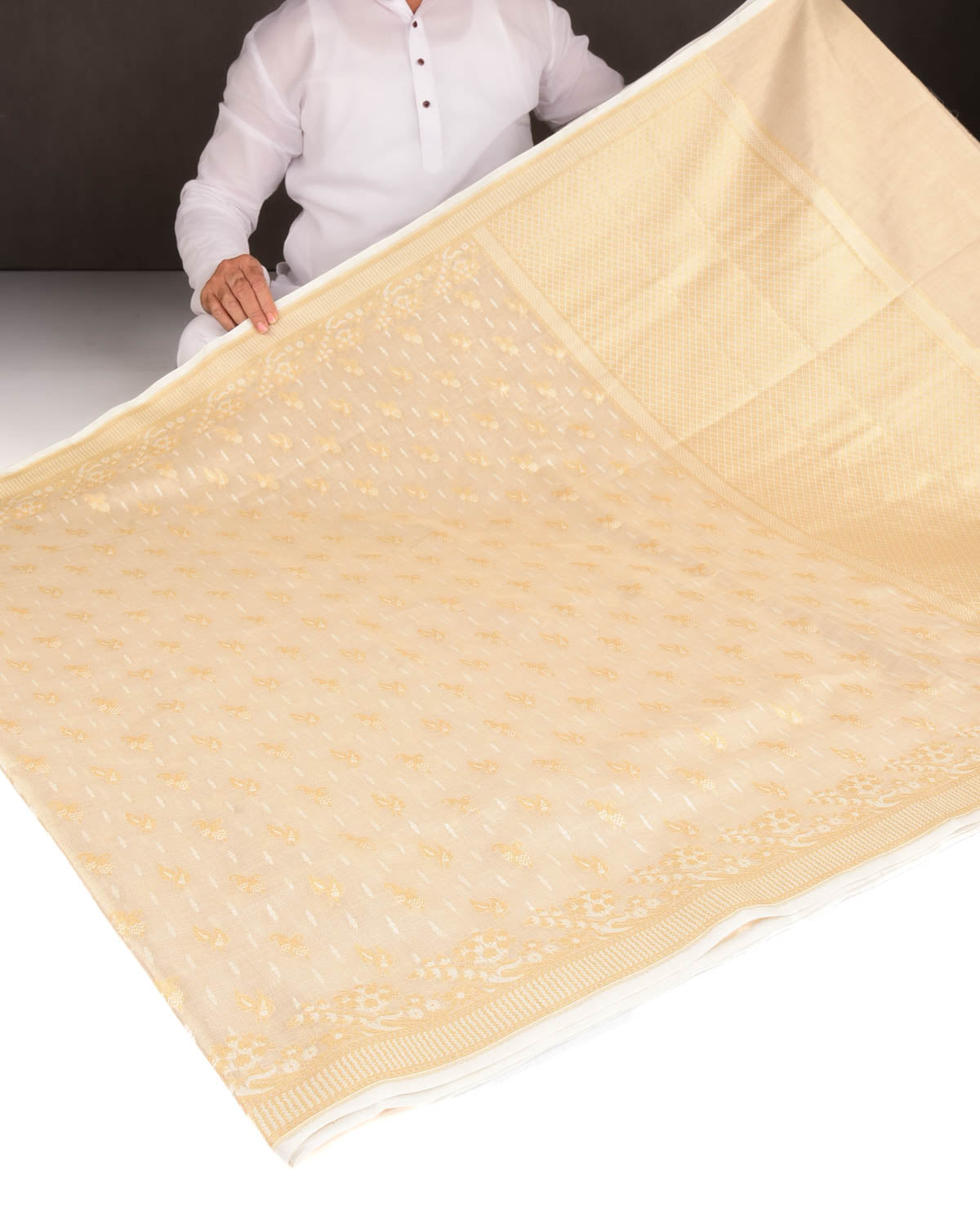 Metallic Cream Gold Zari And White Resham Cutwork Brocade Woven Cotton Silk Banarasi Saree-HolyWeaves
