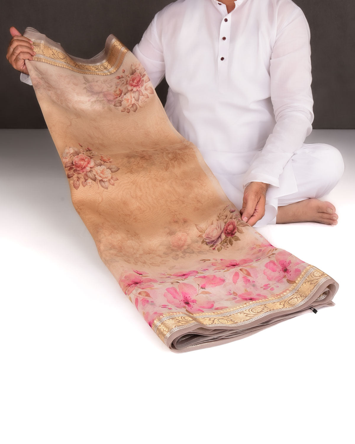 Beige Floral Printed Kora Silk Saree with Brocade Border Pallu-HolyWeaves