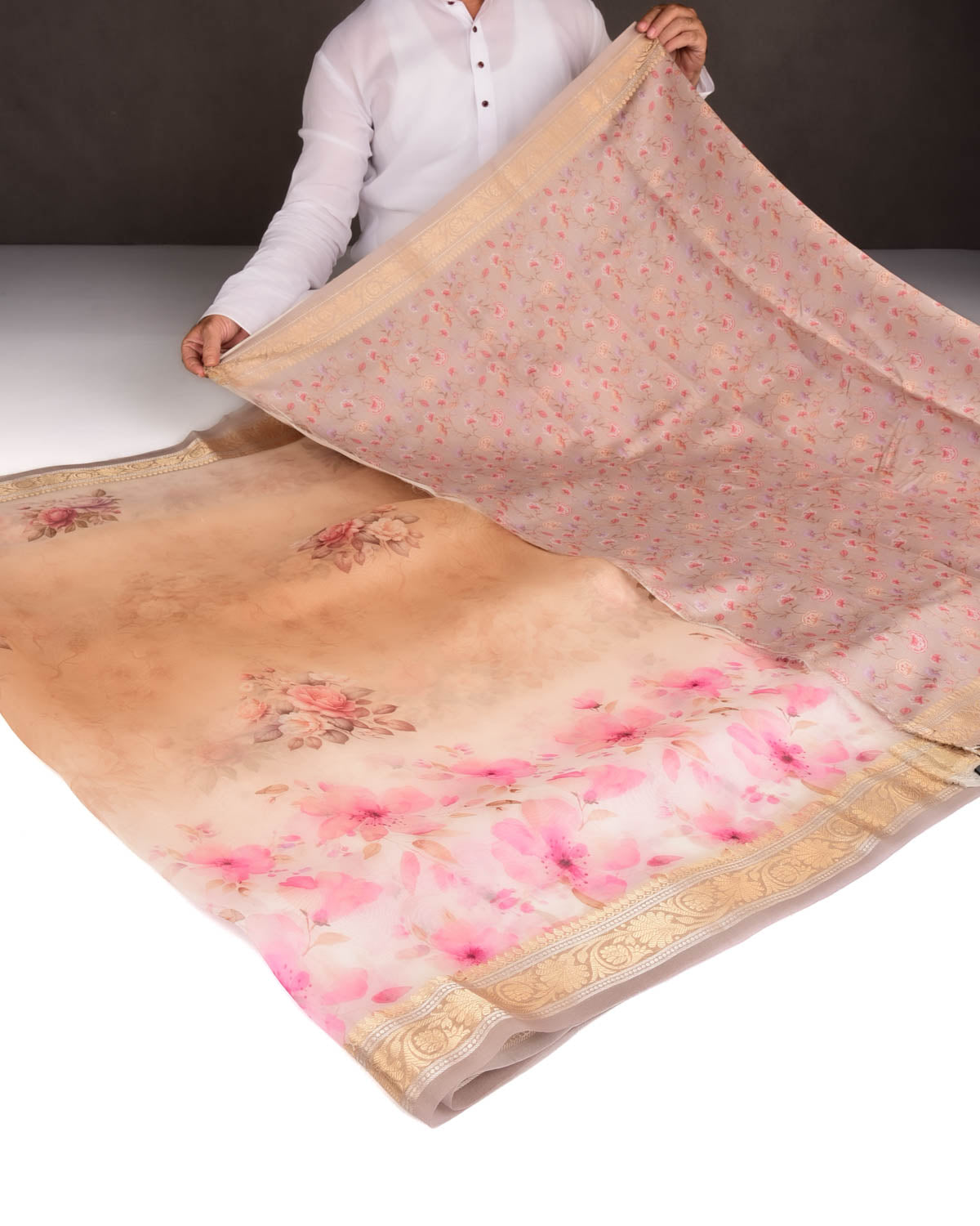 Beige Floral Printed Kora Silk Saree with Brocade Border Pallu-HolyWeaves