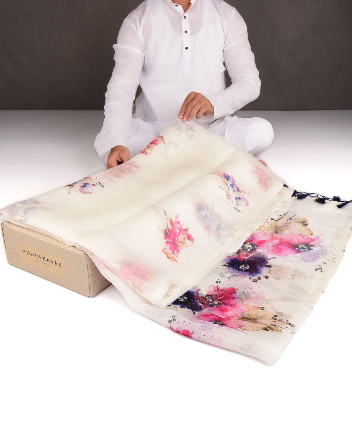 White Abstract Floral Printed Kora Silk Saree-HolyWeaves