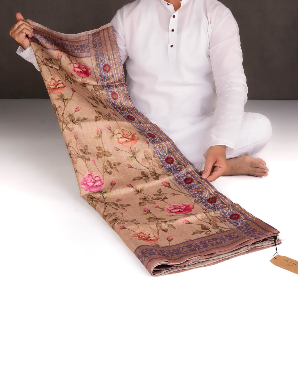 Brown Floral Printed Tasar Silk Saree-HolyWeaves