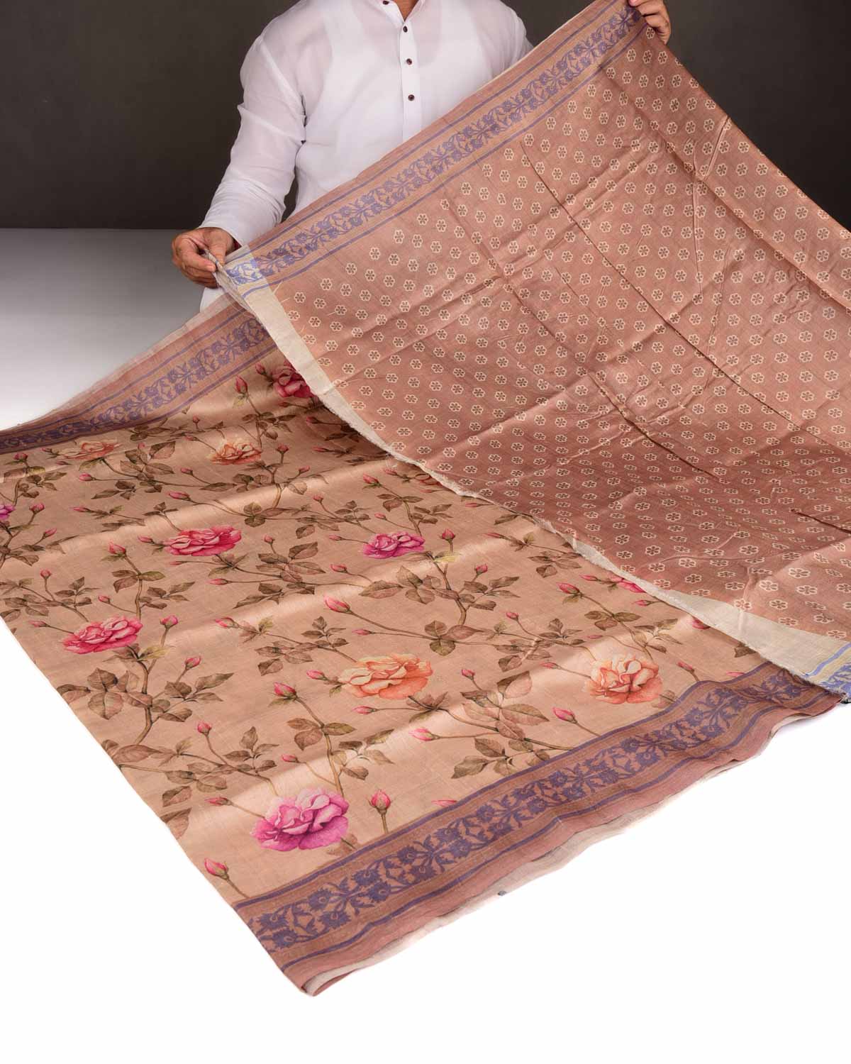 Brown Floral Printed Tasar Silk Saree-HolyWeaves