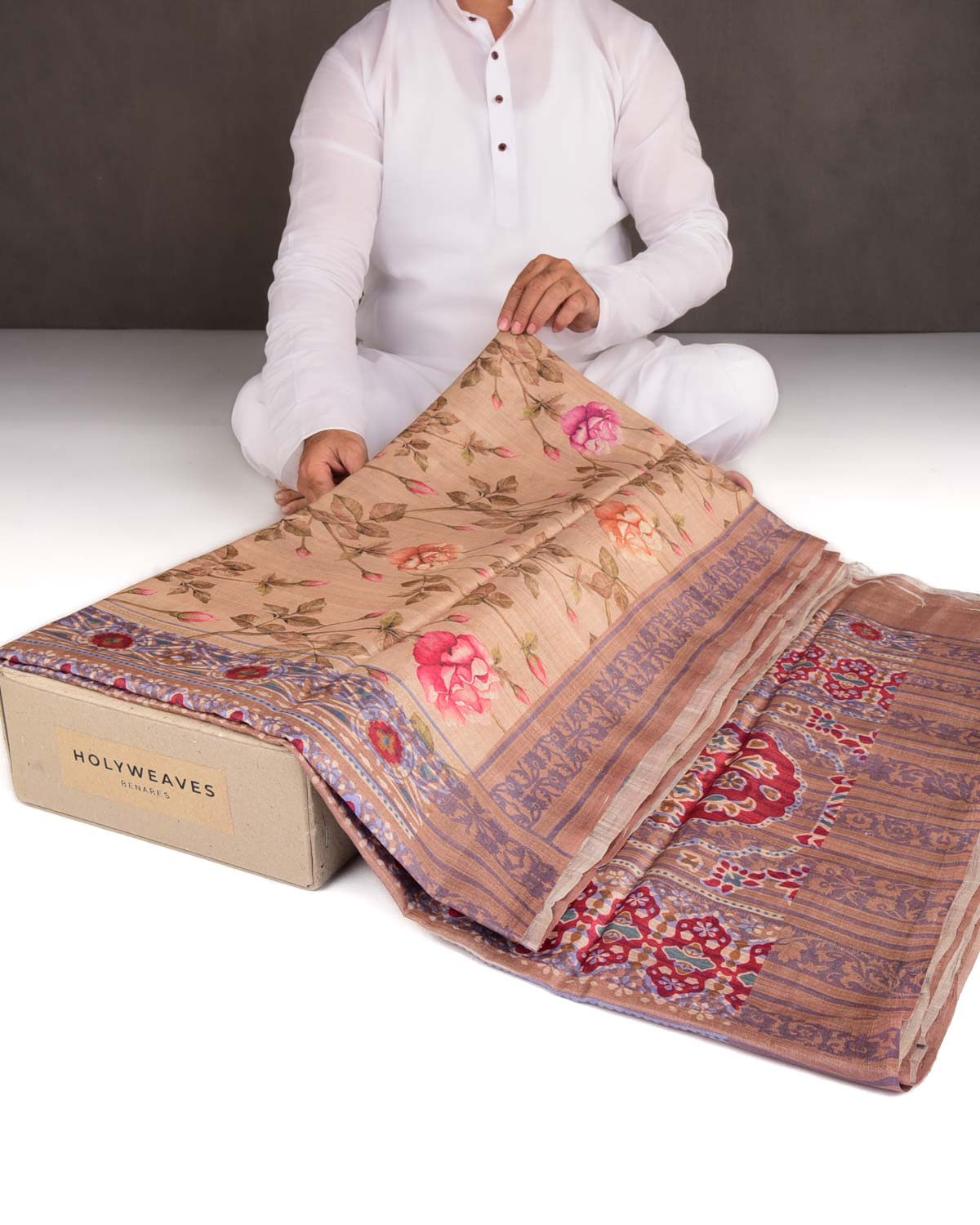 Brown Floral Printed Tasar Silk Saree-HolyWeaves