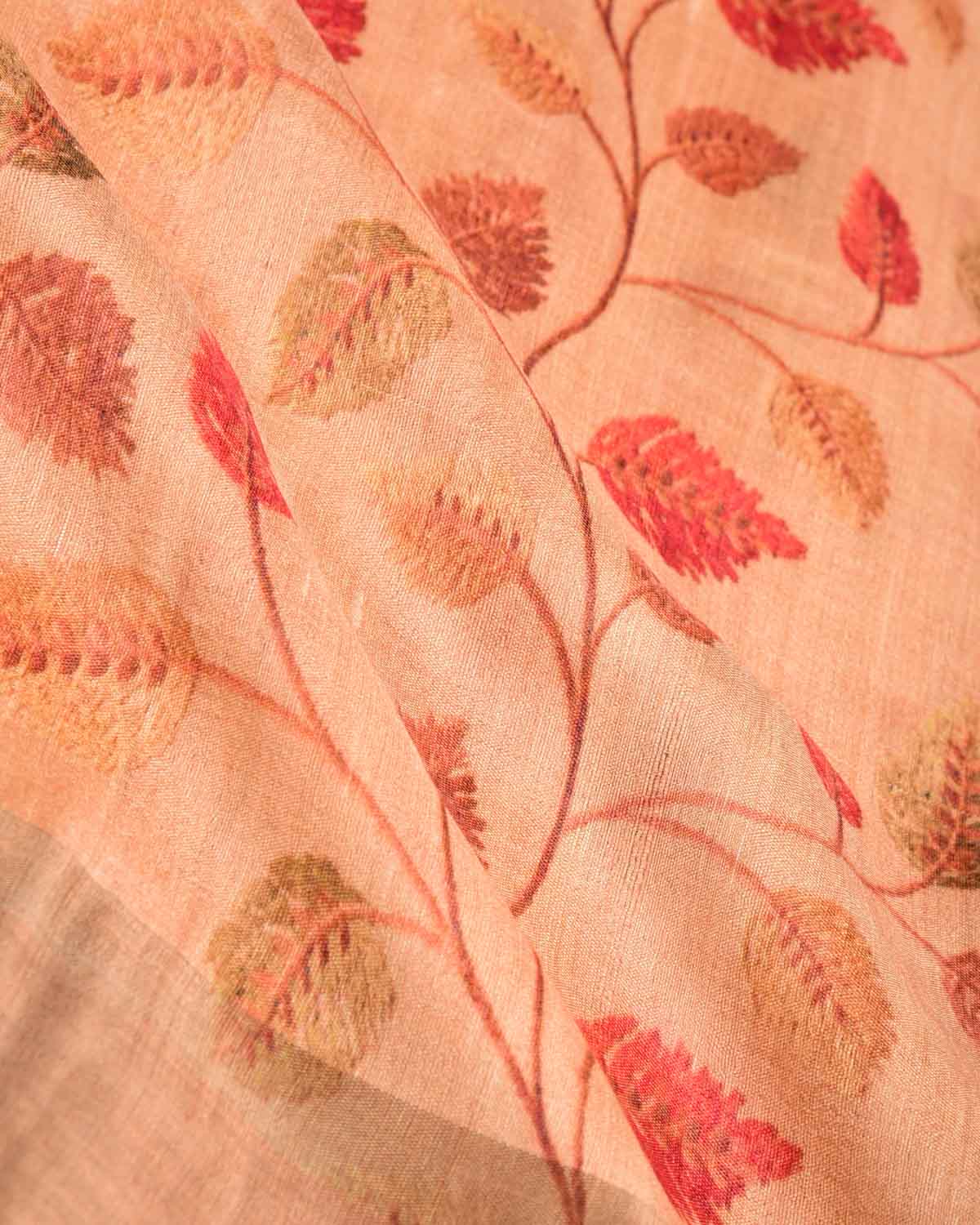 Blush Beige Floral Printed Tasar Silk Saree with Tissue Border-HolyWeaves